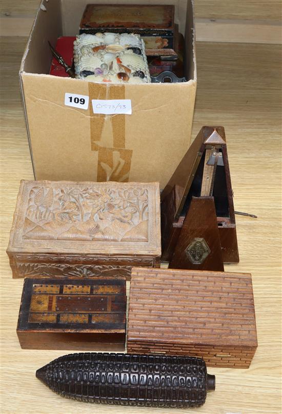 A group of Victorian boxes, a metronome, a nutmeg grater, etc.